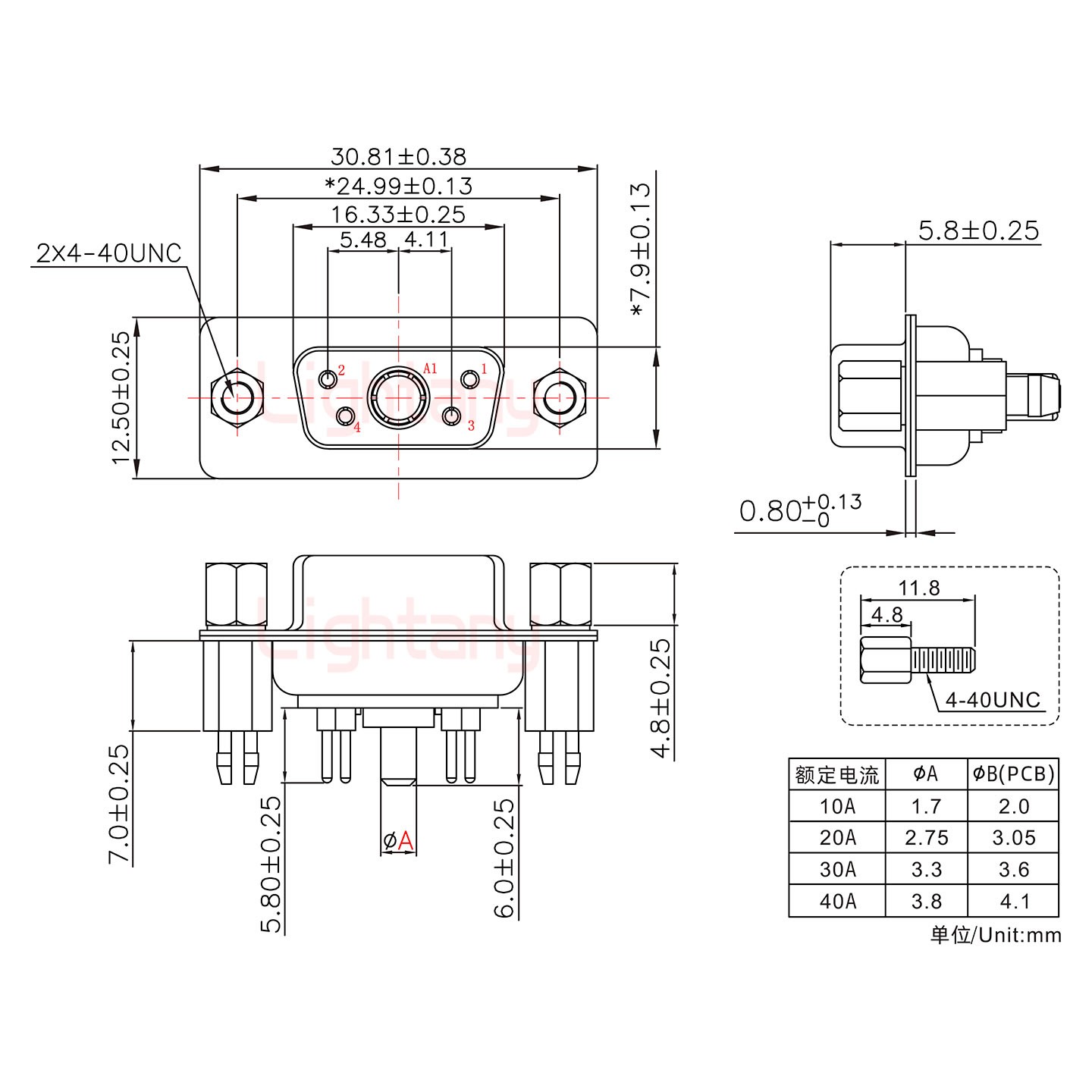 5W1母PCB直插板/鉚魚(yú)叉7.0/大電流30A