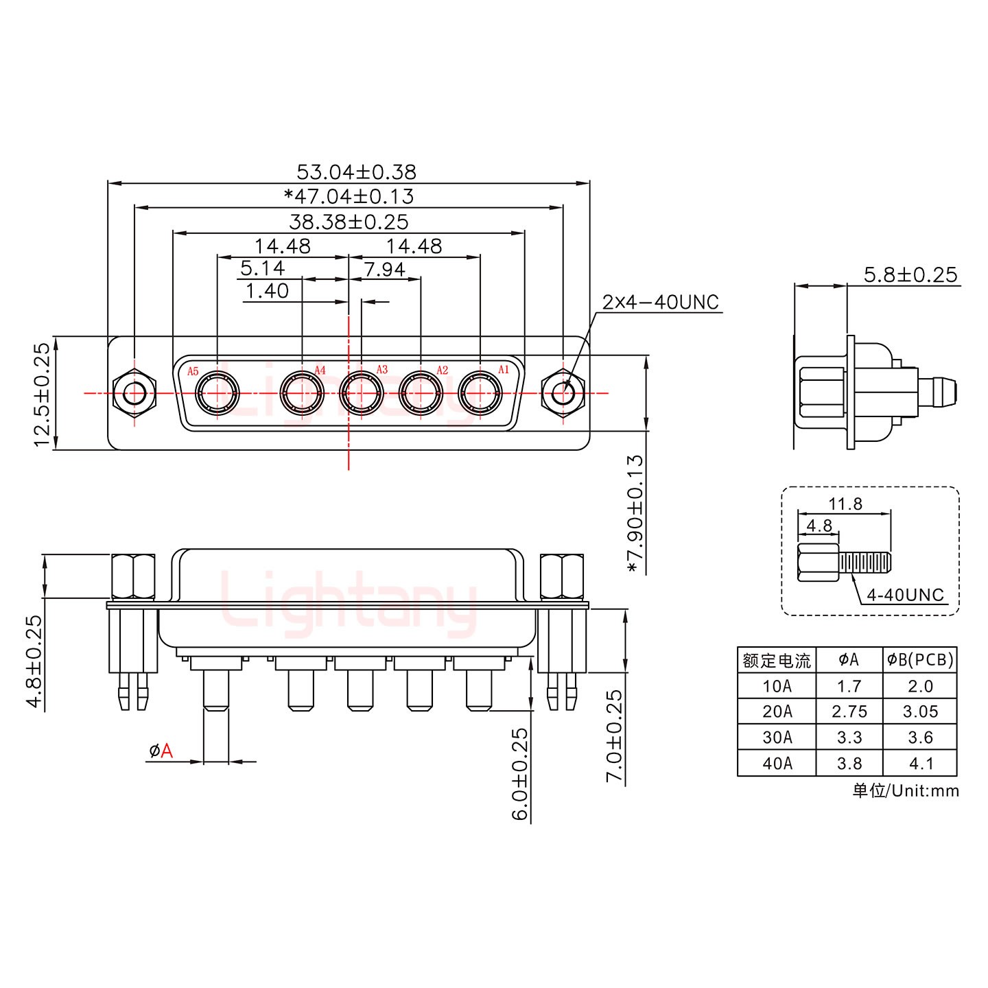 5W5母PCB直插板/鉚魚(yú)叉7.0/大電流30A