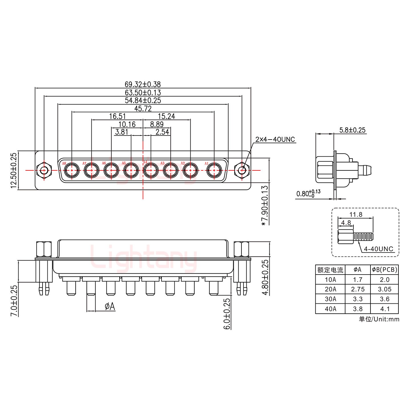 8W8母PCB直插板/鉚魚(yú)叉7.0/大電流30A