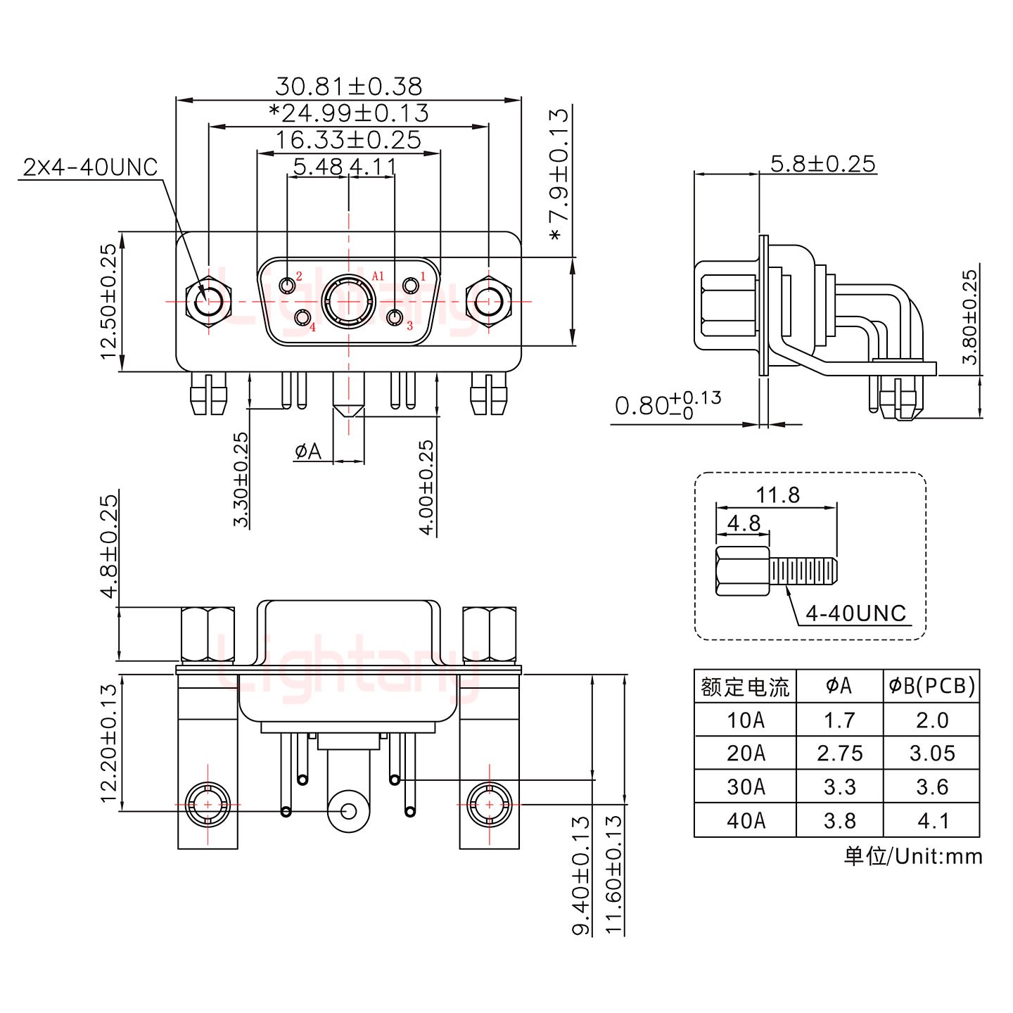 5W1母PCB彎插板/鉚支架11.6/大電流20A