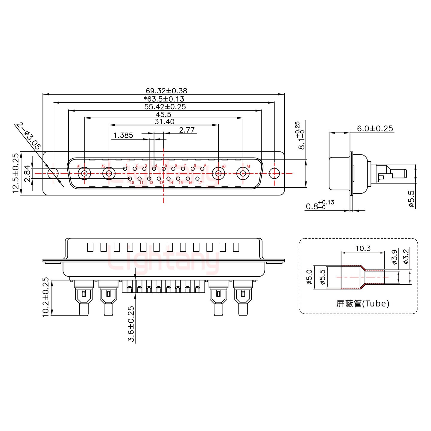 21W4公焊線式75歐姆+37P金屬外殼967斜出線4~12mm