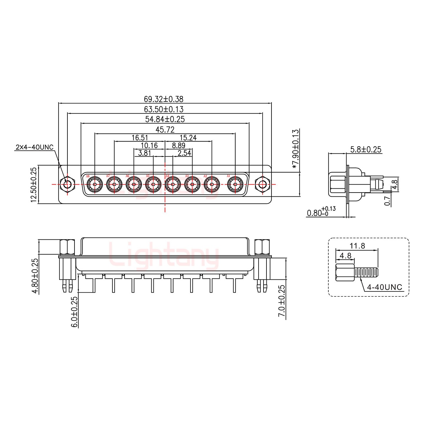 8W8母PCB直插板/鉚魚(yú)叉7.0/射頻同軸50歐姆