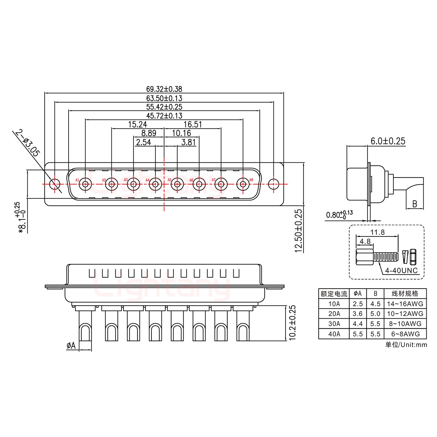 8W8公長(zhǎng)體焊線/配螺絲螺母/大電流30A