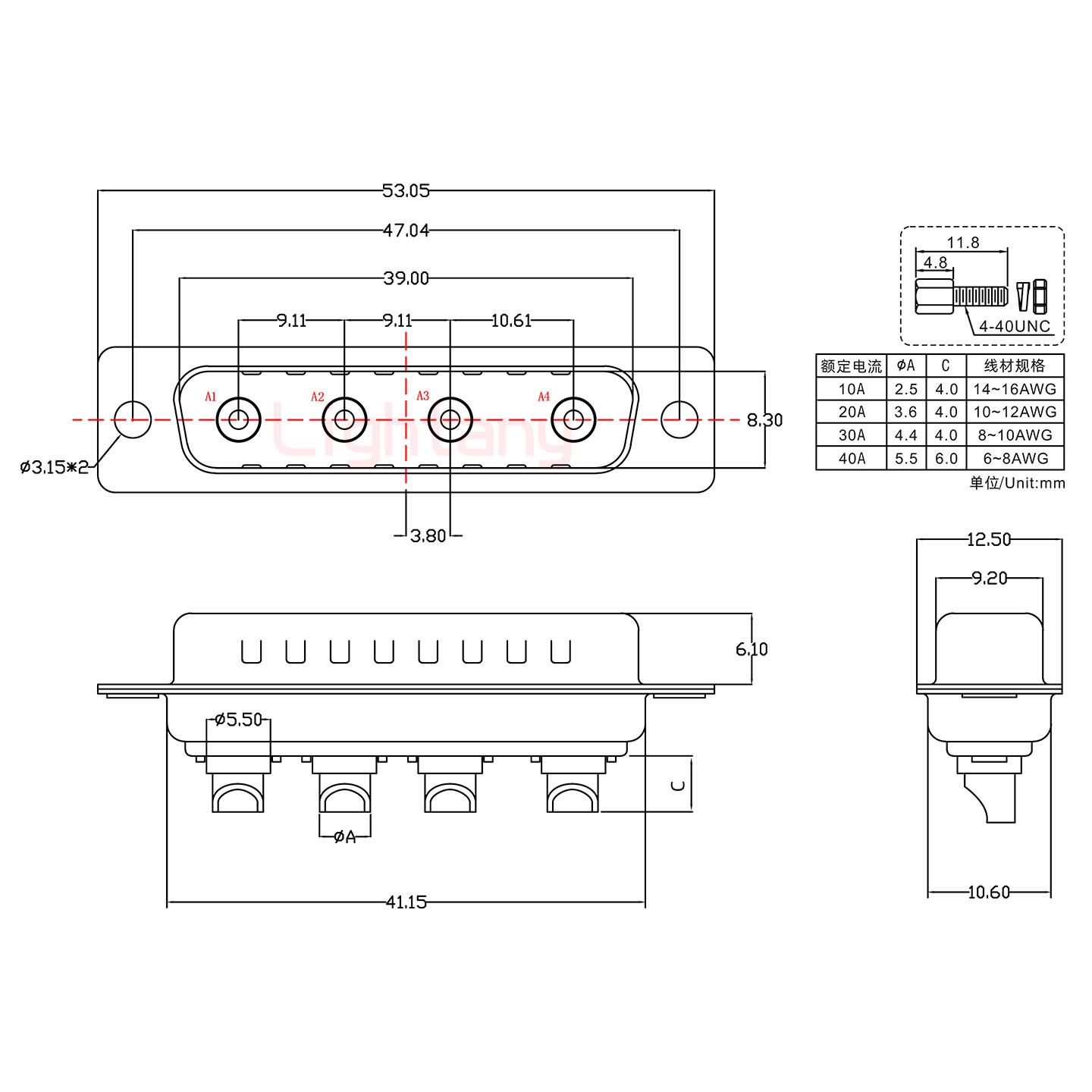 4W4公短體焊線(xiàn)/螺絲螺母/大電流30A