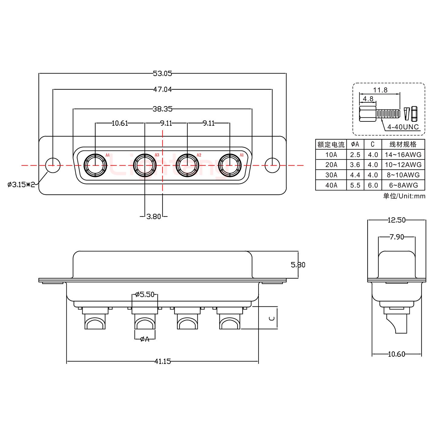 4W4母短體焊線/配螺絲螺母/大電流20A