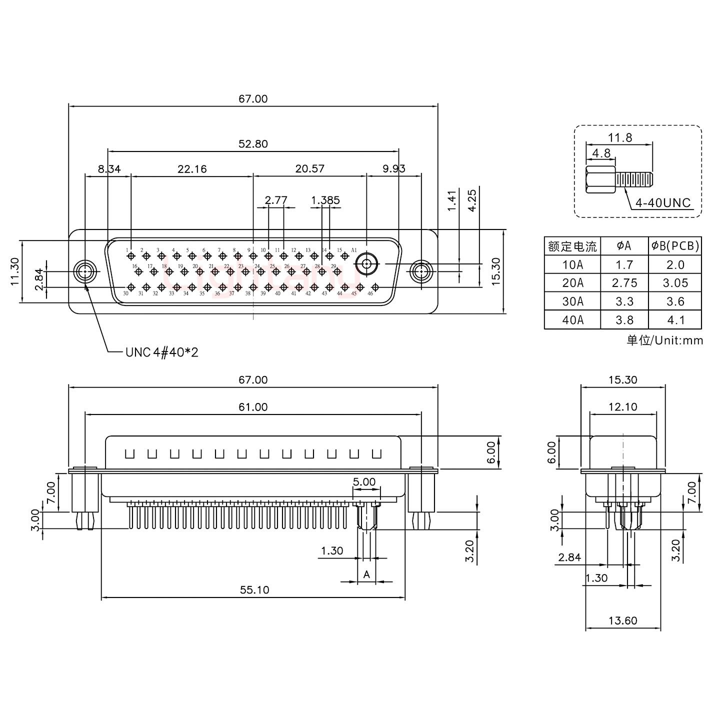 47W1公PCB直插板/鉚魚(yú)叉7.0/大電流30A