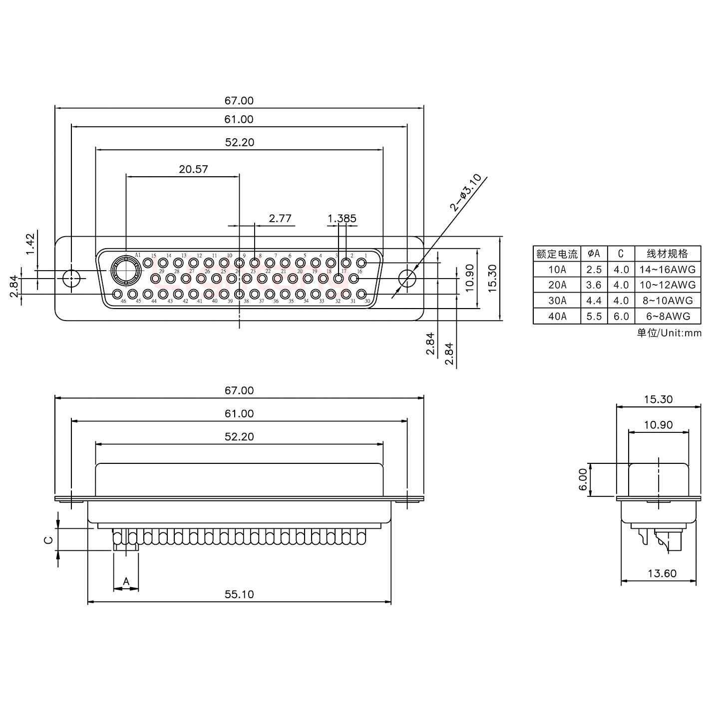 47W1母短體焊線10A+50P金屬外殼1745彎出線4~12mm