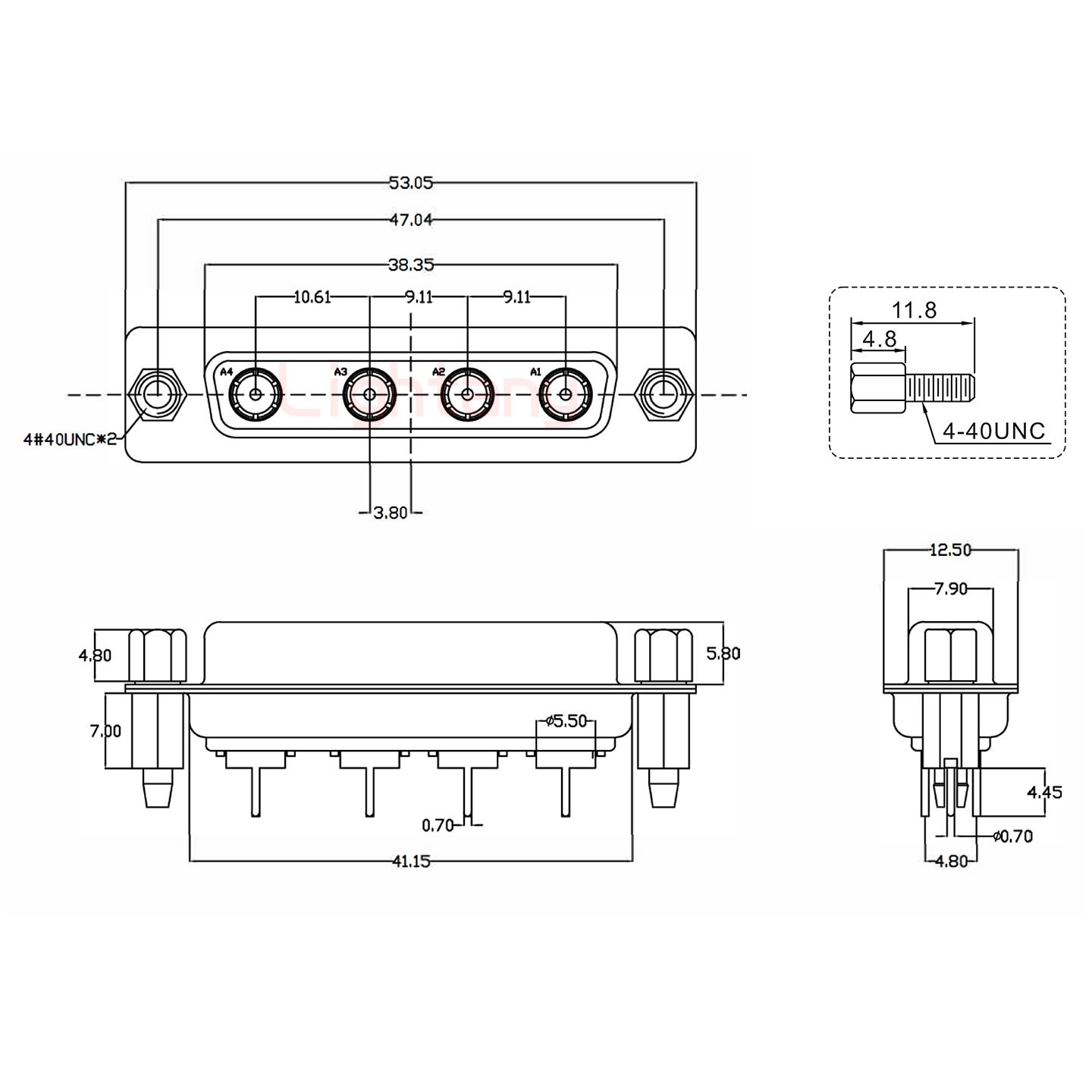4W4母PCB直插板/鉚魚(yú)叉7.0/射頻同軸75歐姆