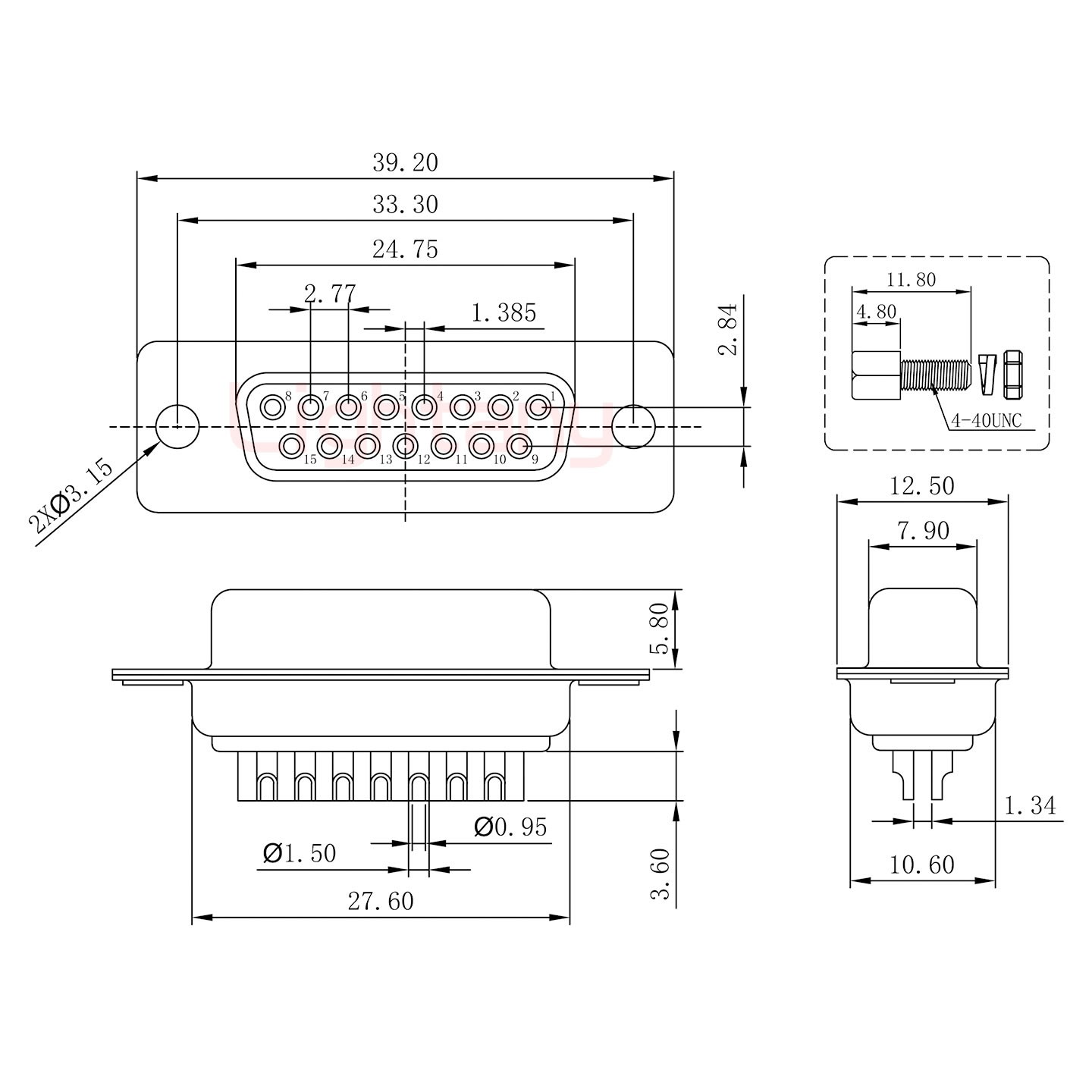DB15母焊線(xiàn)式 鎖螺絲螺母+防水墊片 車(chē)針