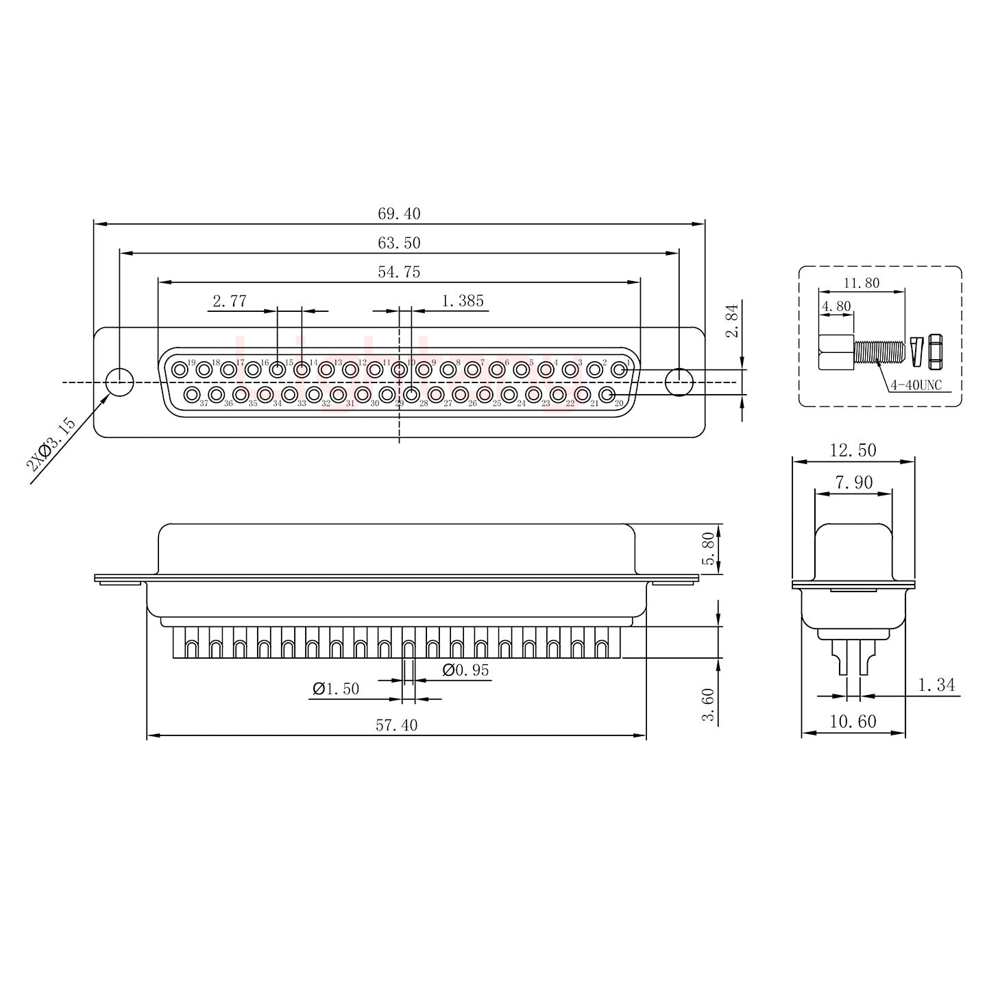 DB37母焊線(xiàn)式 鎖螺絲螺母+防水墊片 車(chē)針