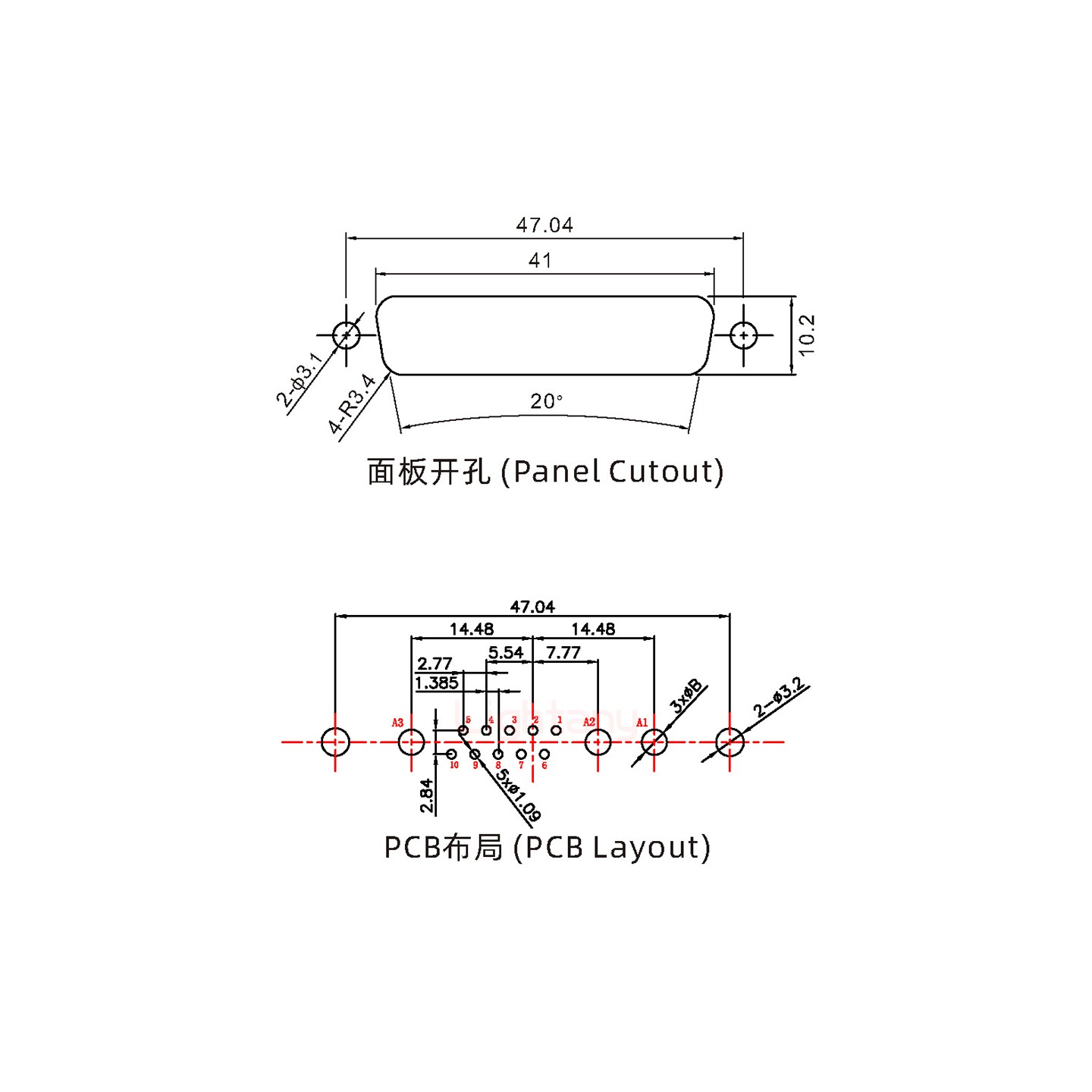 13W3母PCB直插板/鉚魚(yú)叉7.0/大電流20A
