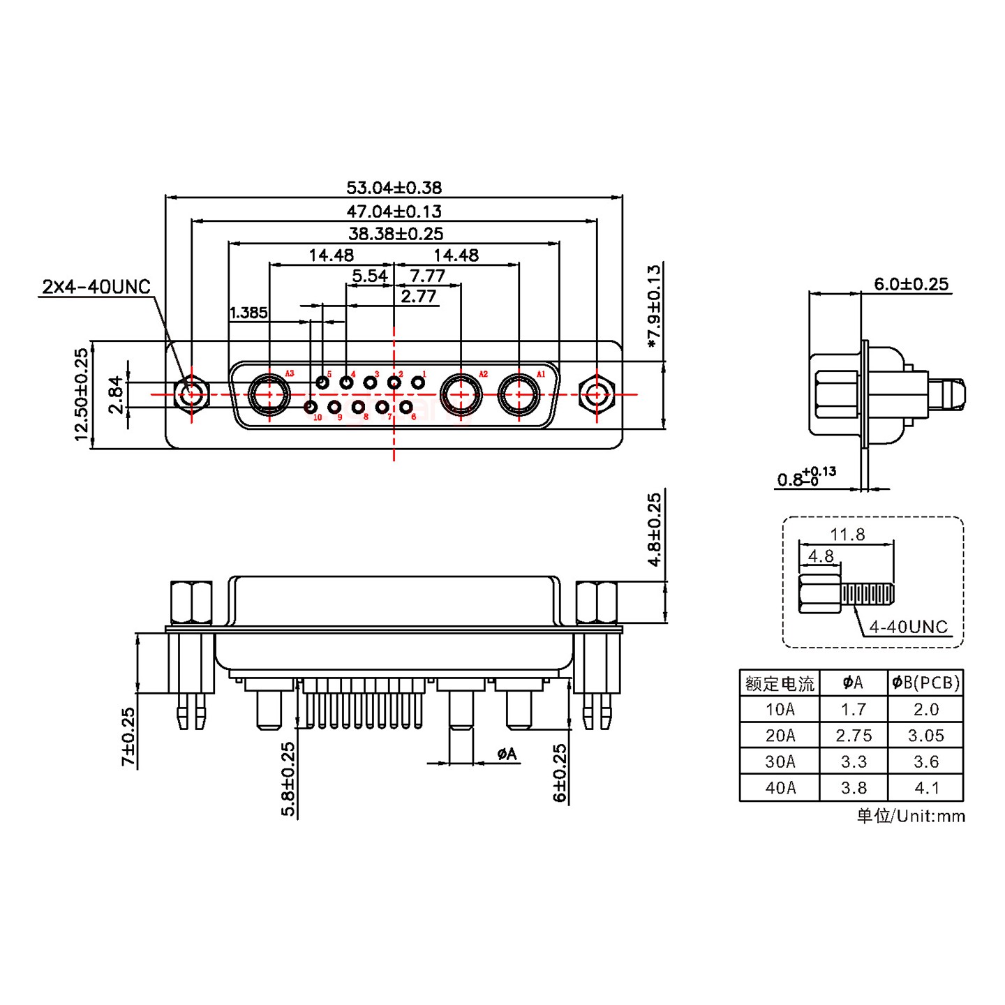 13W3母PCB直插板/鉚魚叉7.0/大電流10A