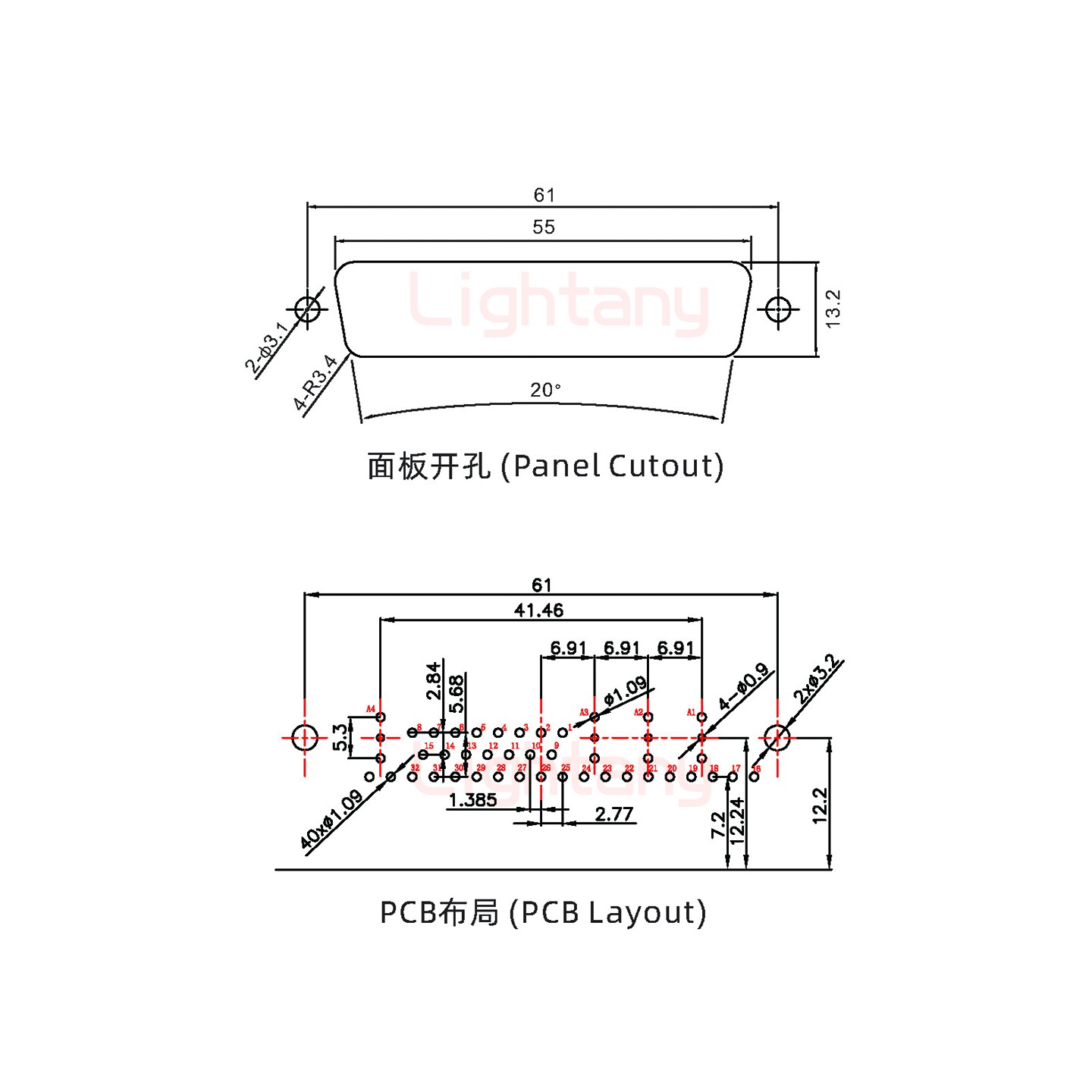 36W4母PCB彎插板/鉚支架12.2/射頻同軸50歐姆