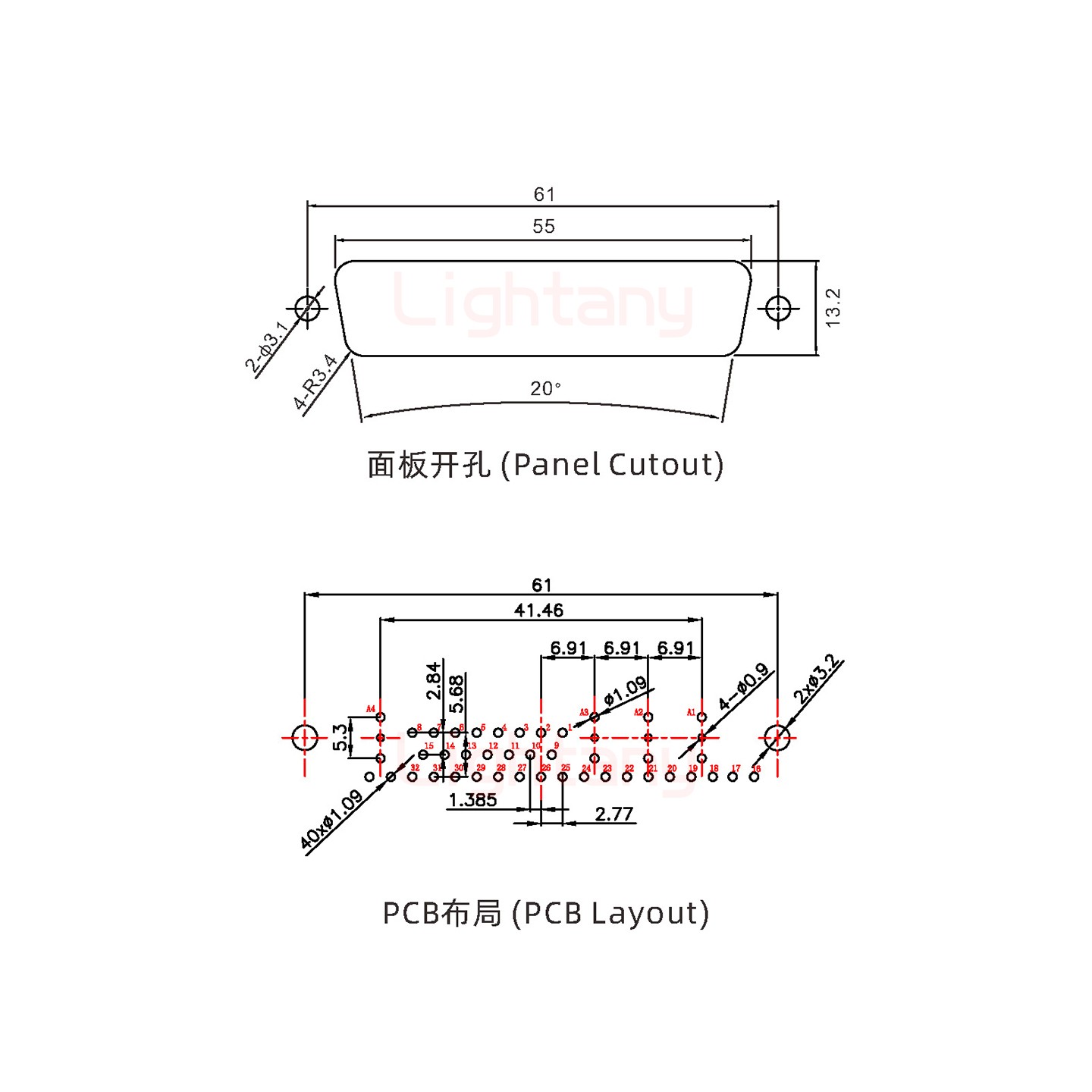36W4母PCB直插板/鉚魚叉7.0/射頻同軸75歐姆